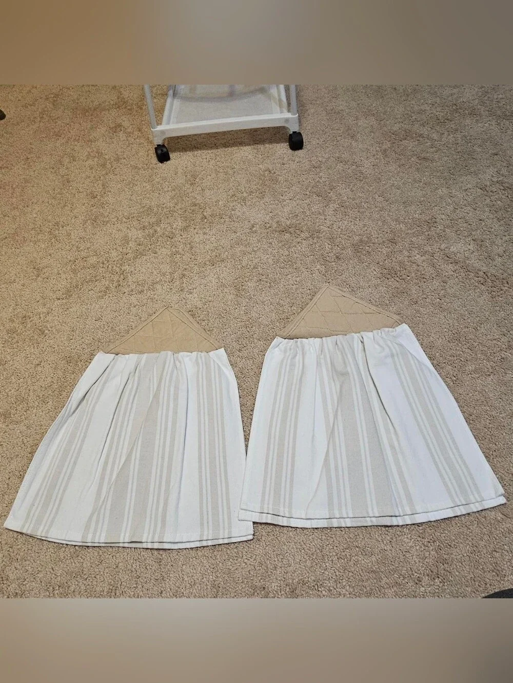2 Handcrafted Potholders Attached To Towels | White + Tan | Stripes